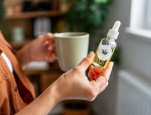 How to Read a Cannabis Product Label 2 Woman holding a bottle of organic cannabis oil and drinking a cup of tea, enjoying a moment of relaxation at home
