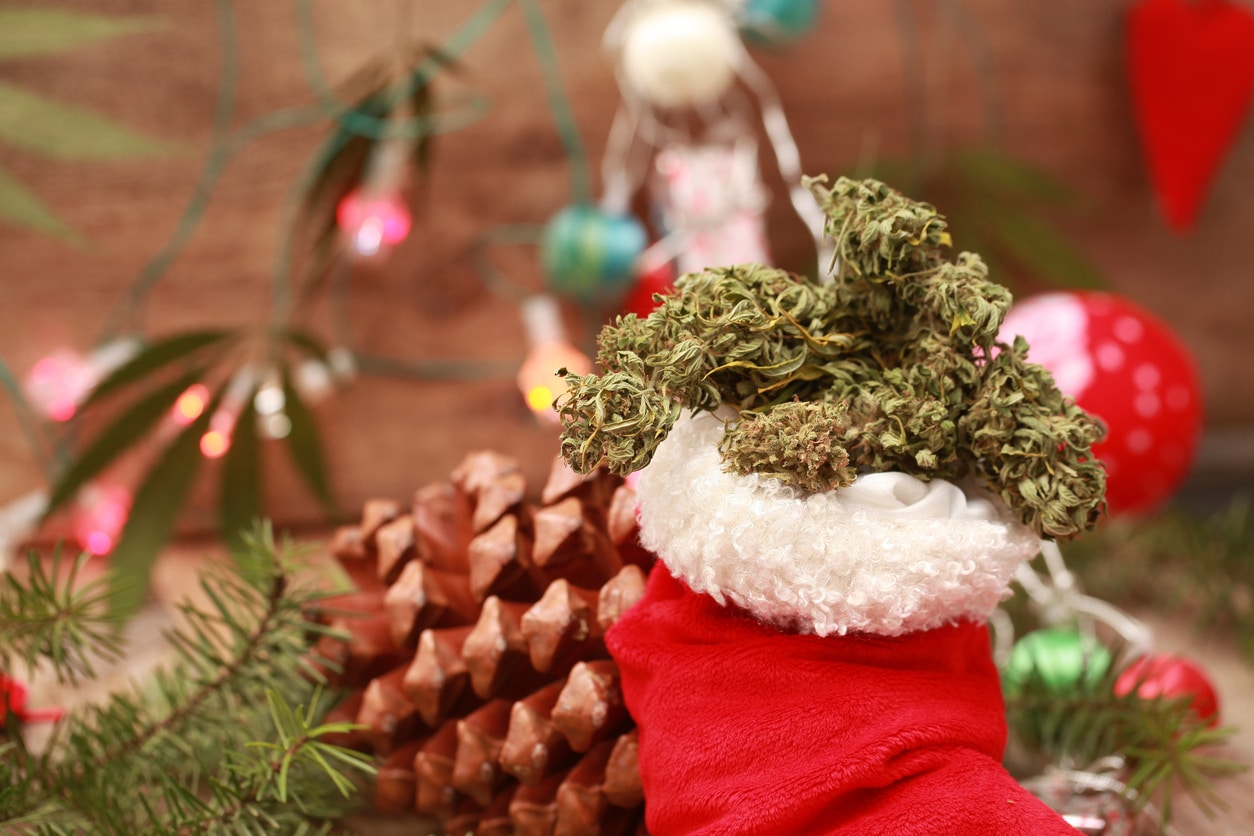 santa red Christmas hat with marijuana